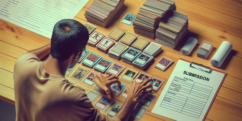 person organizing trading cards on a desk with submission forms