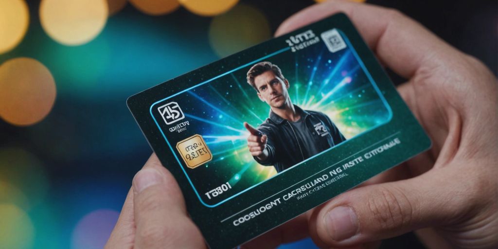 Hand holding a graded TCG card with a shiny holographic background, showcasing the card's pristine condition.