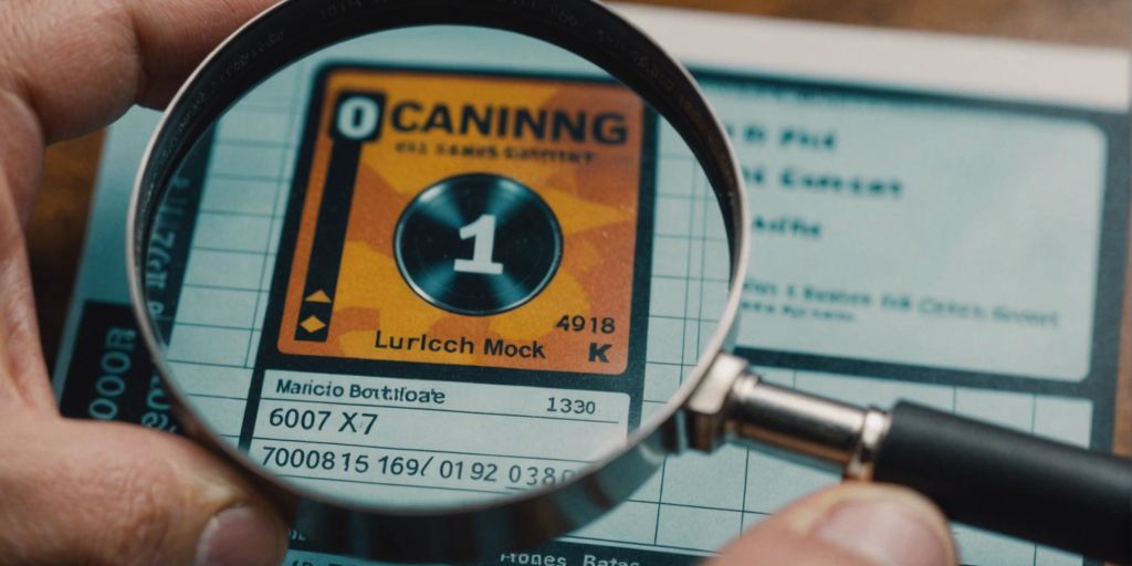 Close-up of a trading card under a magnifying glass with a grading scale chart in the background.
