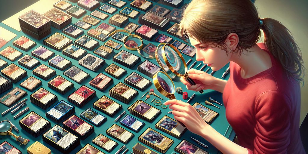 TCG cards grading process with magnifying glass and collector examining cards