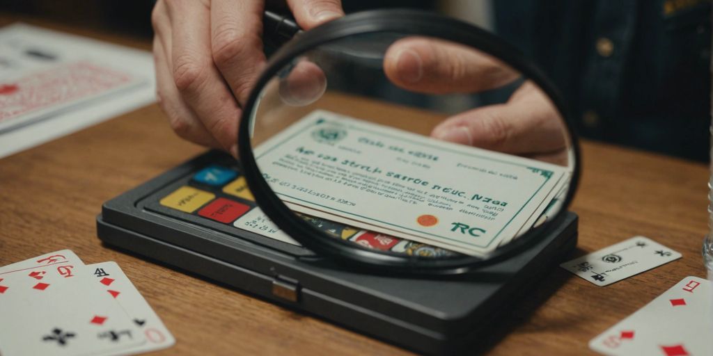 Person examining a TCG card with a magnifying glass, stack of cards and grading tools in the background.